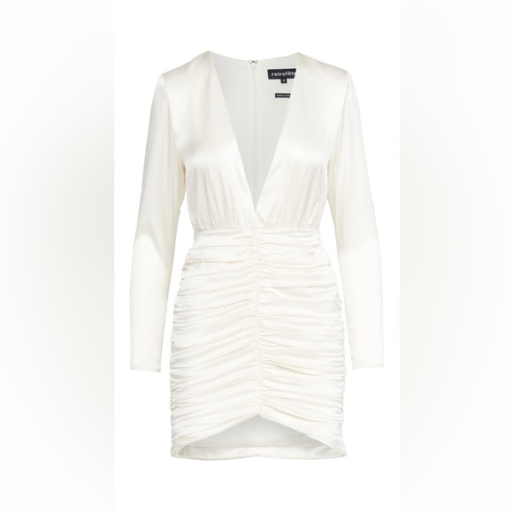 NWT RETROFETE Brea Satin Silk Deep V Plunge Ruched Ivory Dress, Sz M - Picture 7 of 11